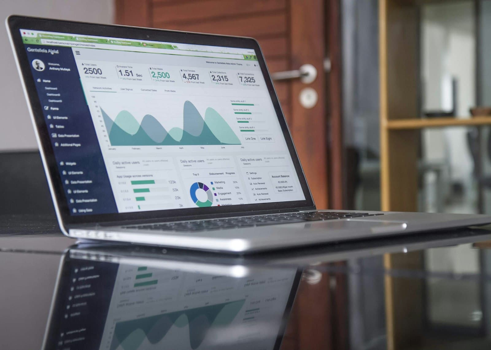 Laptop with analytics dashboard on a glass table