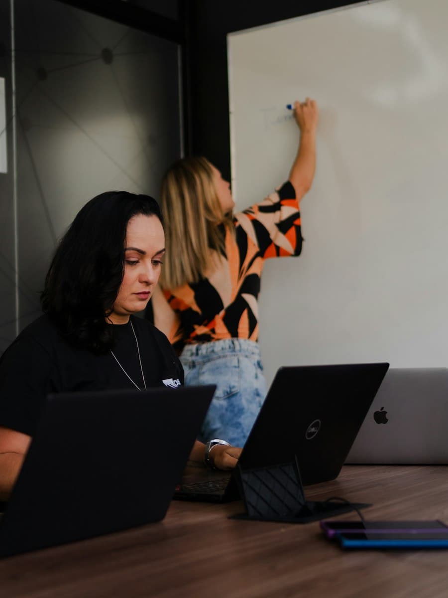 Team working on laptops by a whiteboard