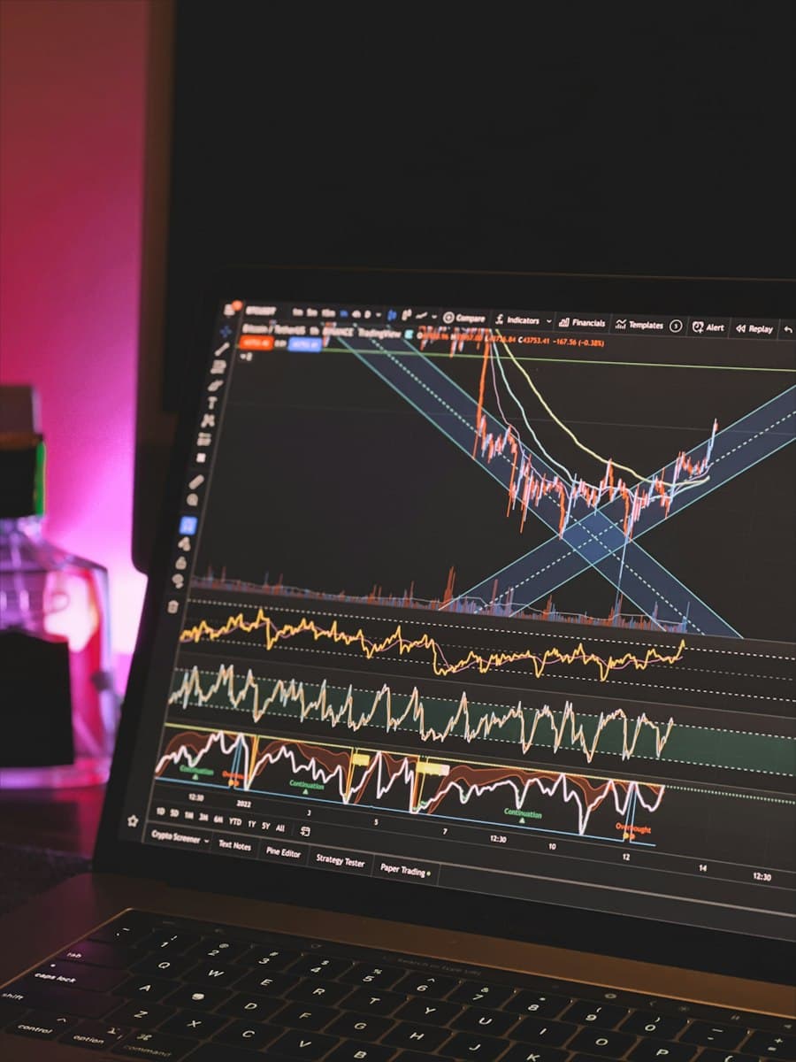 Performance charts on a laptop in a dark room